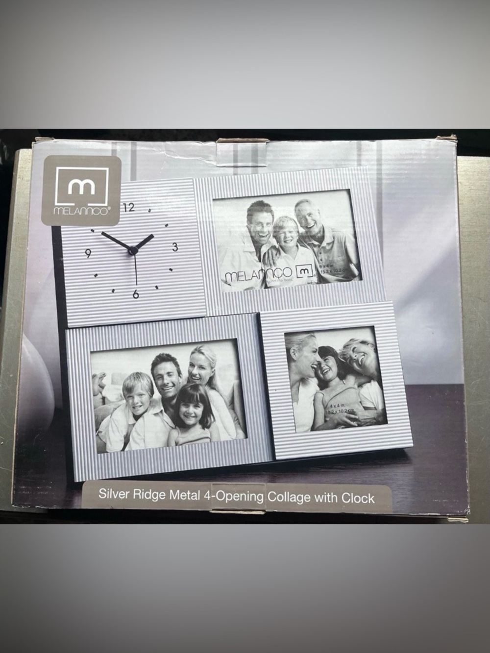 Melannco Silver Ridge Collage Frame w Clock 4 Opening Metal Decor